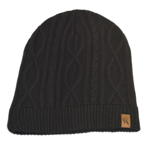 Classic cable-knit hat for warmth and style. Deep fit. Unlined. CA logo in subtle faux-leather detail. One size. Black. Manufactured by Ouray. 100% Acrylic Yarns.