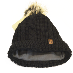 Classic cable-knit hat for warmth and style. Features an extra-large faux-fur pom. Soft, gray, microfleece lining for comfort. CA logo in subtle faux-leather detail. One size. Manufactured by Ouray. 100% Acrylic Yarns, 100% Polyester Fleece.