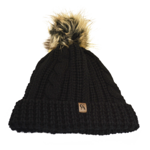 Classic cable-knit hat for warmth and style. Features an extra-large faux-fur pom. Soft, gray, microfleece lining for comfort. CA logo in subtle faux-leather detail. One size. Manufactured by Ouray. 100% Acrylic Yarns, 100% Polyester Fleece.