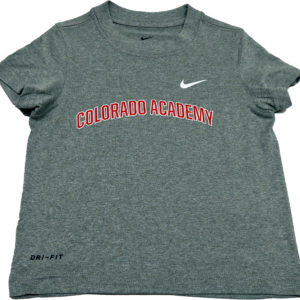 This short-sleeve T-Shirt uses Nike's Dri-FIT fabric and features a self-fabric neckband with a streamlined athletic fit.  Made of 100% polyester.  Available in Black, Red, and Dark Heather Gray.