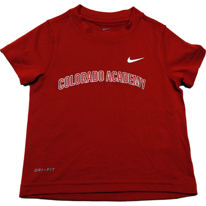 This short-sleeve T-Shirt uses Nike's Dri-FIT fabric and features a self-fabric neckband with a streamlined athletic fit.  Made of 100% polyester.  Available in Black, Red, and Dark Heather Gray.